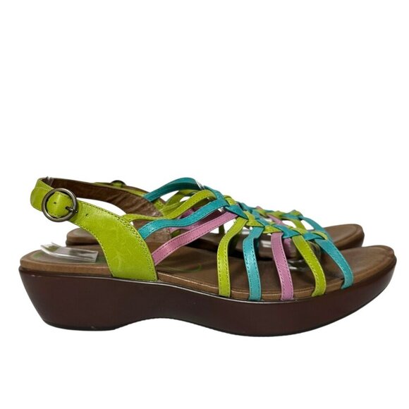 Dansko Dana Sandals Leather Pink Blue Green Strappy Wedge Womens Size 42 US 12 - Picture 5 of 16
